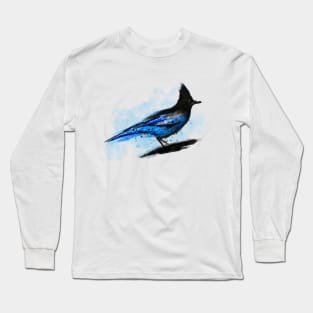 Dramabite Watercolor blue stellar jay bird artistic animal watercolor Long Sleeve T-Shirt